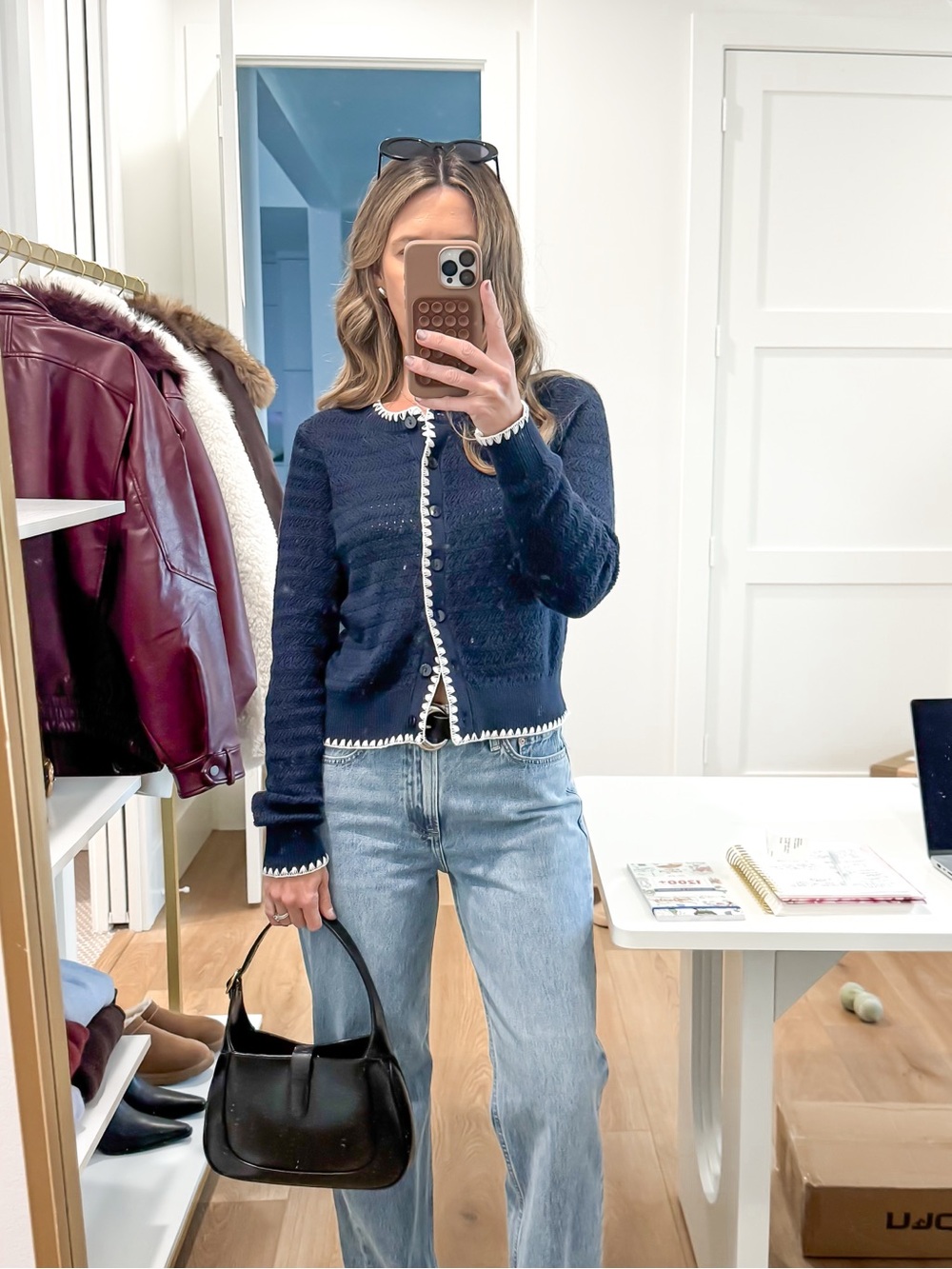 Abercrombie & Fitch Navy Cardigan with White Crochet Trim